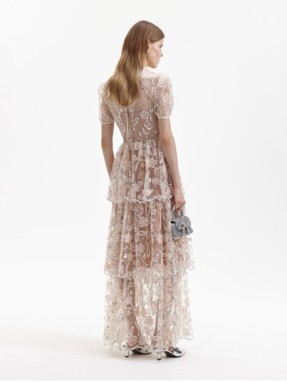 Self-Portrait Blush Embroidered Tiered Maxi Dress Size US8, UK 12 - Picture 3 of 8